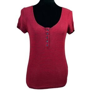 Forever 21 Henley Tee Shirt Top Short Sleeve Size Medium Red Black Stripe